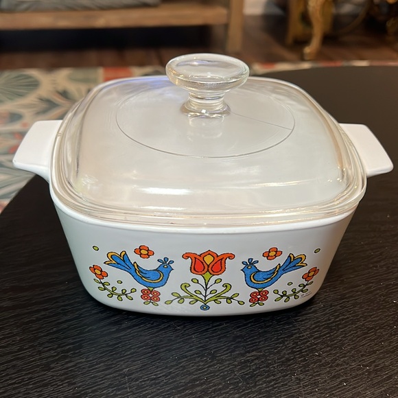 Vtg Corning Ware Pyrex Glass Lid 1.5 Qt Country Festival Amish Birds Flowers - Picture 5 of 14